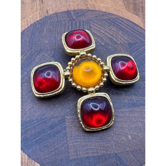 Vintage Gold Tone Carlisle Brooch Pin With Red & Amber Glass Cabochons Maltese C - Picture 2 of 6
